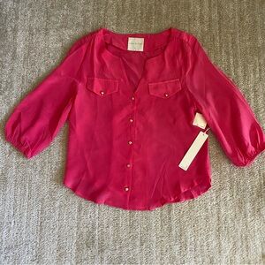 Line & Dot 100% Silk Button Up Fuchsia Blouse, Small, NWT